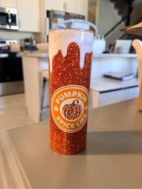 Pumpkin Spice Life Faux Glitter Tumbler - Orange & White